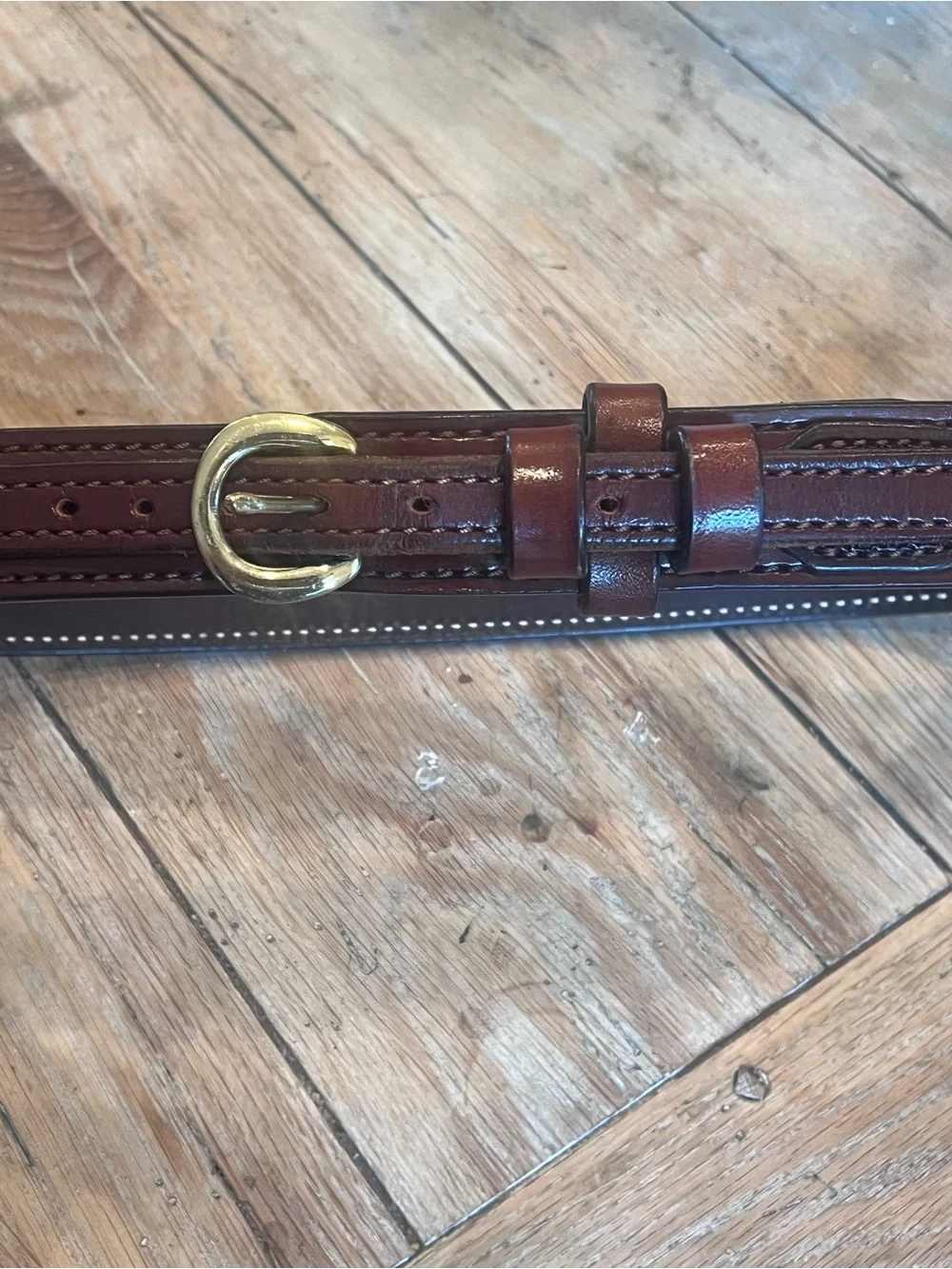 Men's Brown Leather Dress Belt with Polished Brass Buckle Fits 31” Waist Western